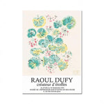 Affiche d'une exposition de créateur de tissus avec un motif floral coloré et abstrait.