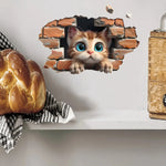 sticker decoratif chat 3d brique brise mur orange marron blanc bleu adhesif 20x30cm