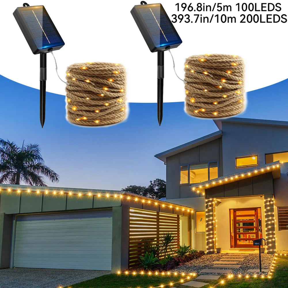 guirlande lumineuse solaire 100 led 10m corde chanvre jardin extérieur modes ip65