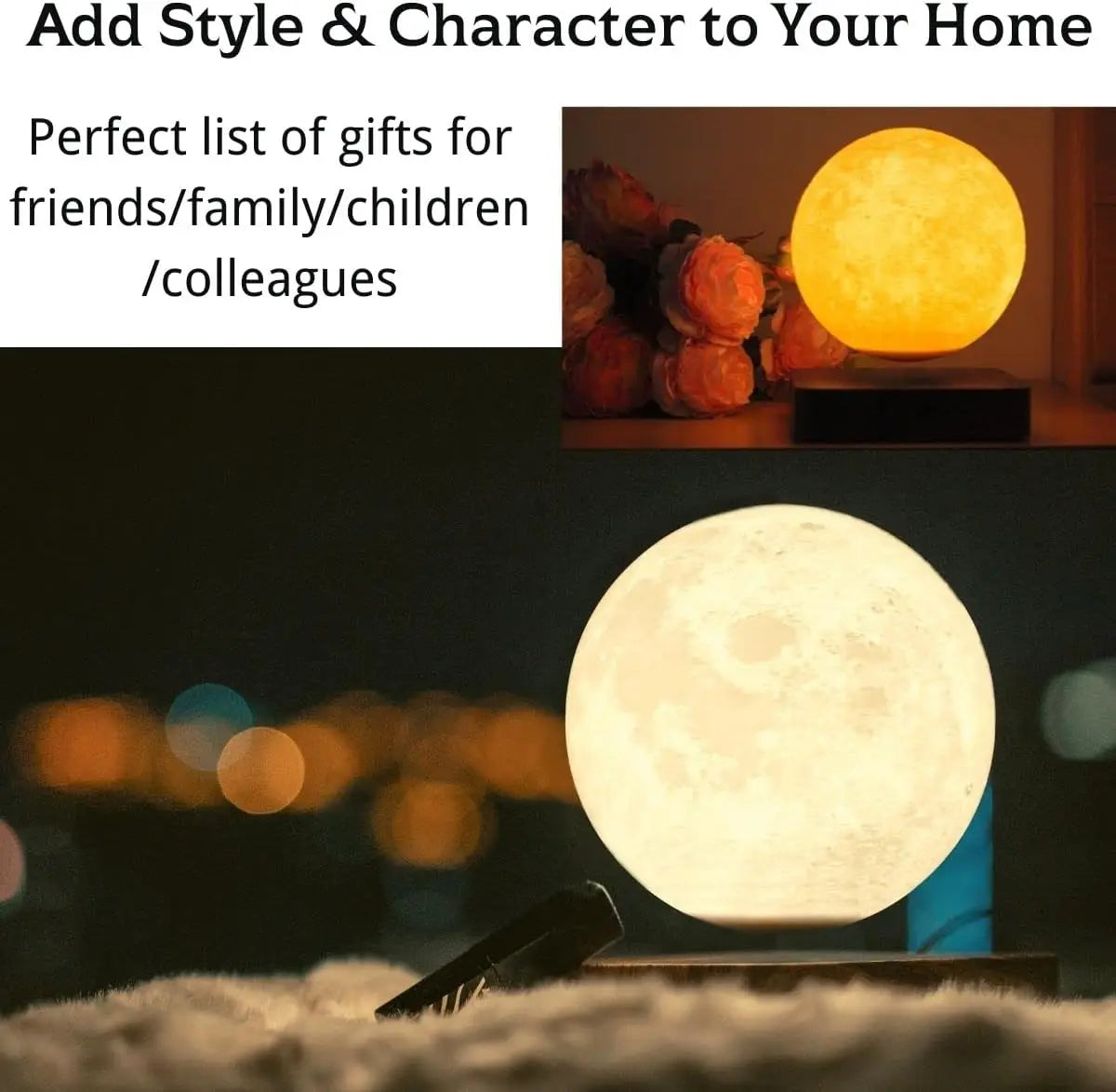 Lampe lune flottante avec socle magnétique vue de côté