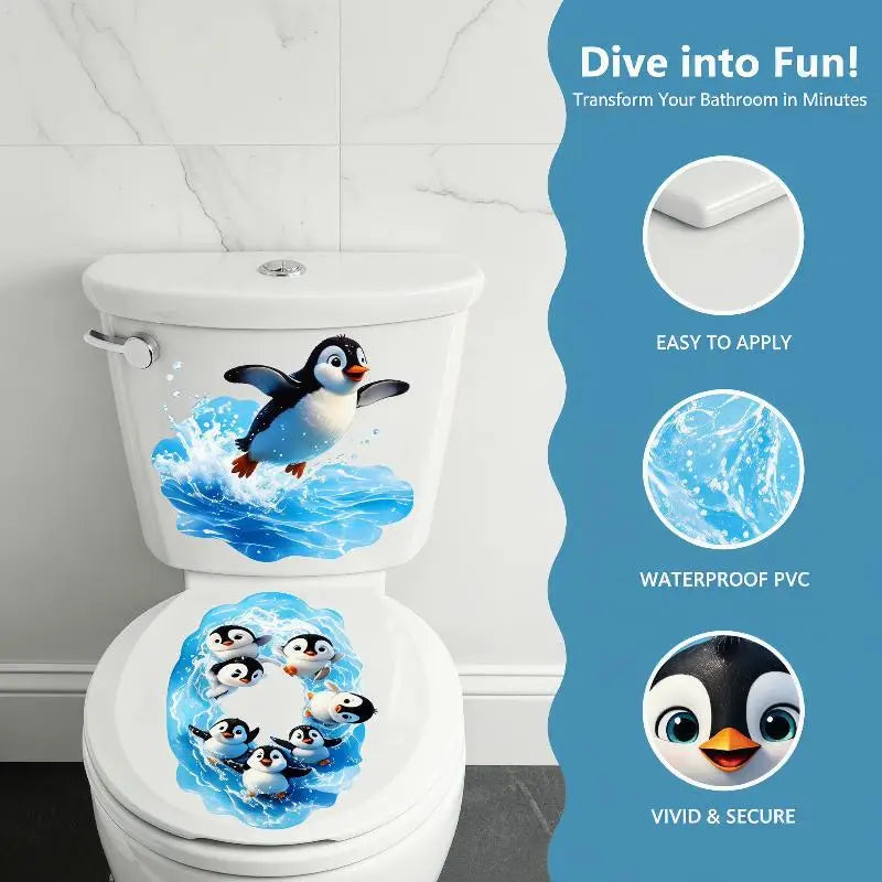 stickers toilette pingouins dessin animé bleu blanc orange adhésifs mur salle bain moderne pvc