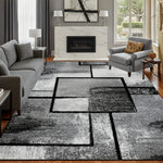 tapis géométrique moderne gris noir blanc résistant saleté facile entretenir salon chambre decoration extérieur