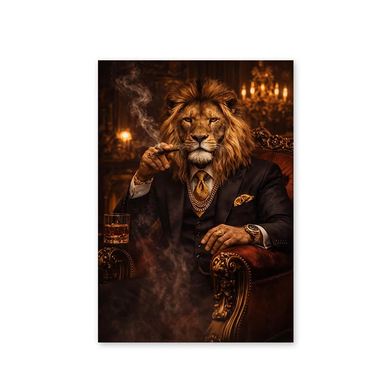 Toile d'art classique lion cadre bois salon chambre noir marron beige doré