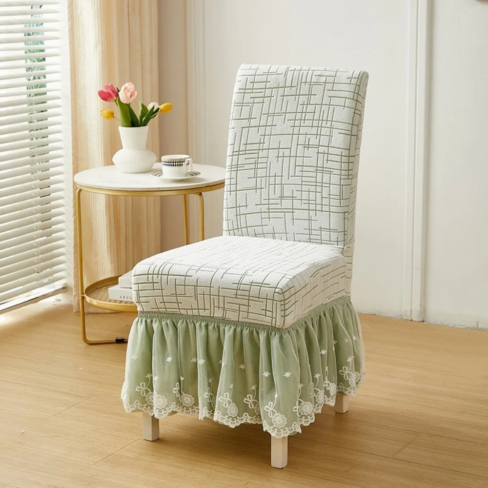 housse chaise moderne élégante polyester coton blanc bleu vert dentelle adhésive salon classique