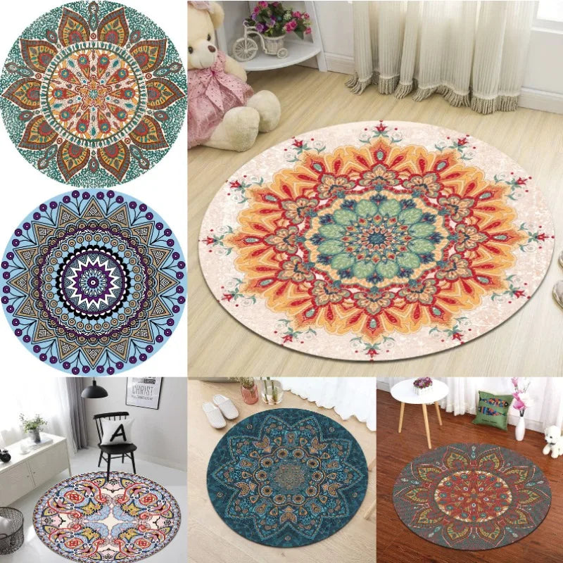 tapis rond boho mandala multicolore floral deco moderne salon chambreextérieur 80x80cm 120x120cm