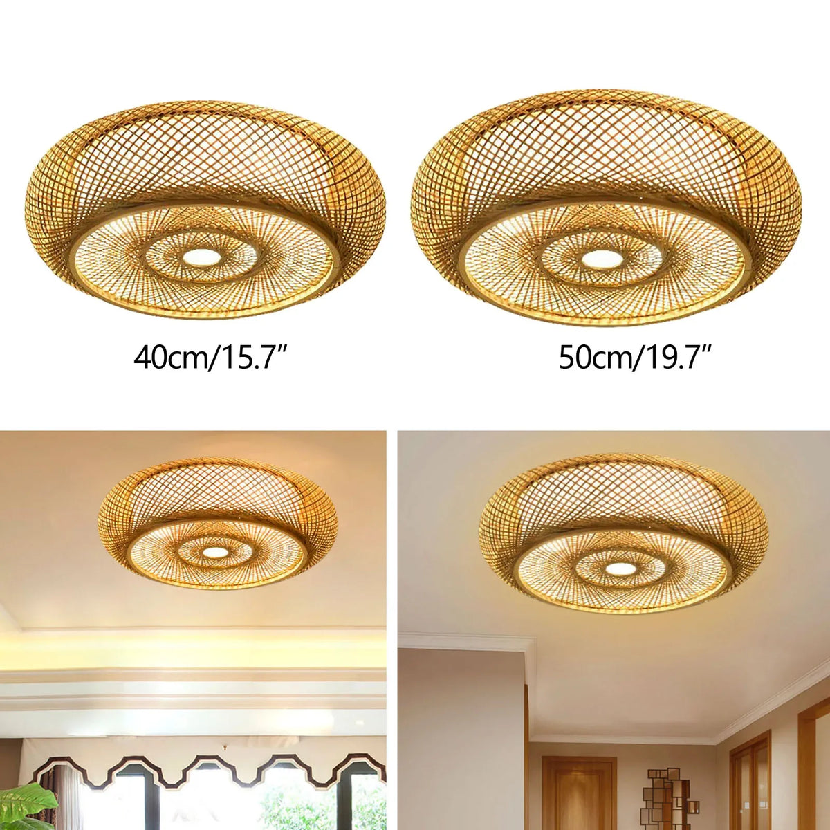 lampe tissage rotin moderne rustique bois naturel diamètre 40cm 50cm 60cm 80cm downlight