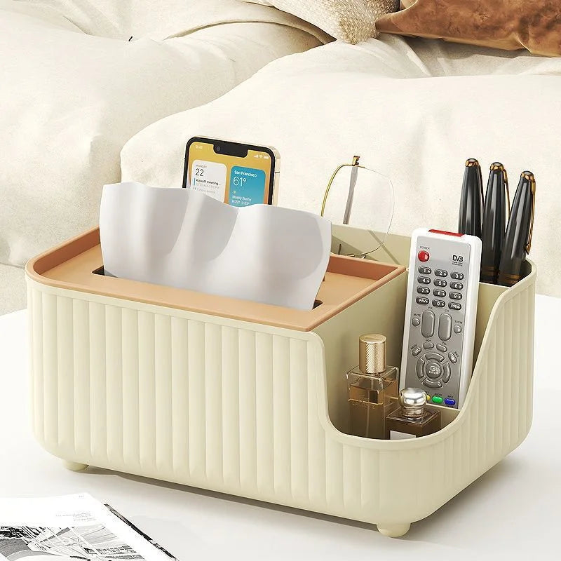 boîte rangement multifonctionnelle moderne beige clair rayures verticales pieds ronds mouchoirs lunettes télécommande parfum