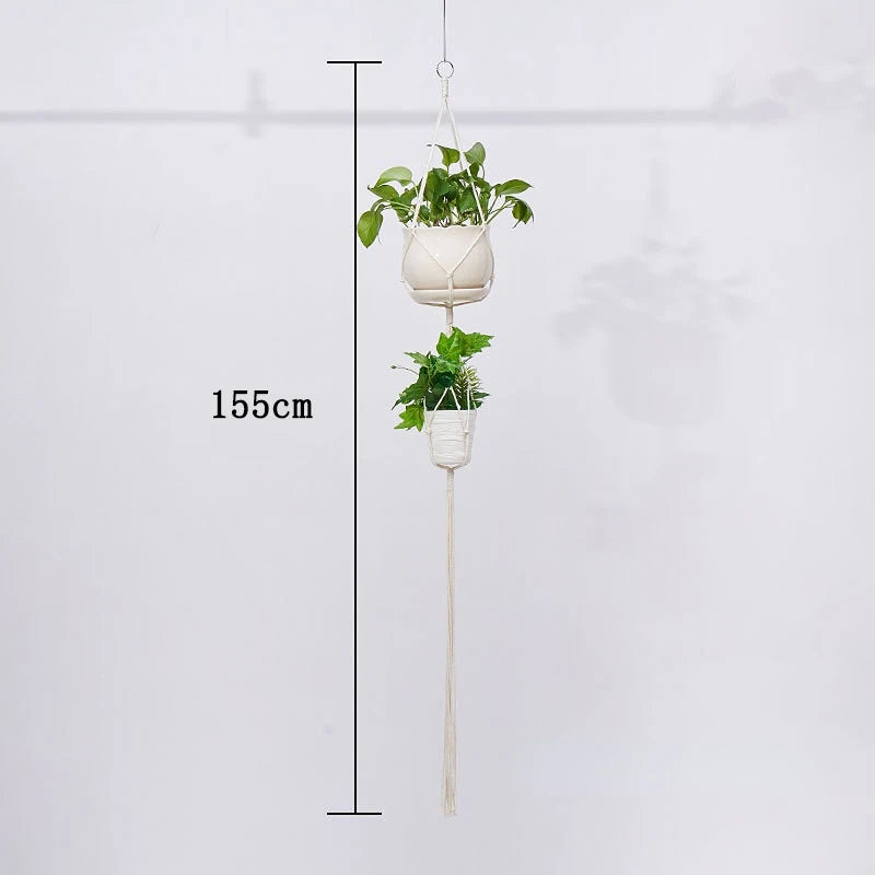 support plante suspendue macramé boho rotin blanc sculpté main decoration maison balcon jardin anneau