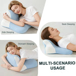 coussin cervical mousse mémoire forme bleu clair texture ergonomique alignement colonne vertébrale relaxation sommeil