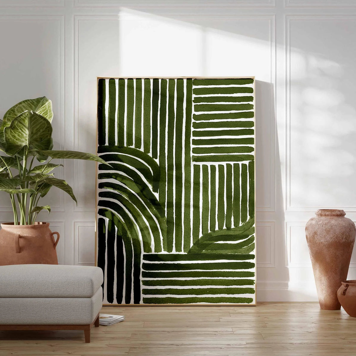 impression toile abstraite lignes vertes minimaliste moderne décoration murale botanique texture canvas