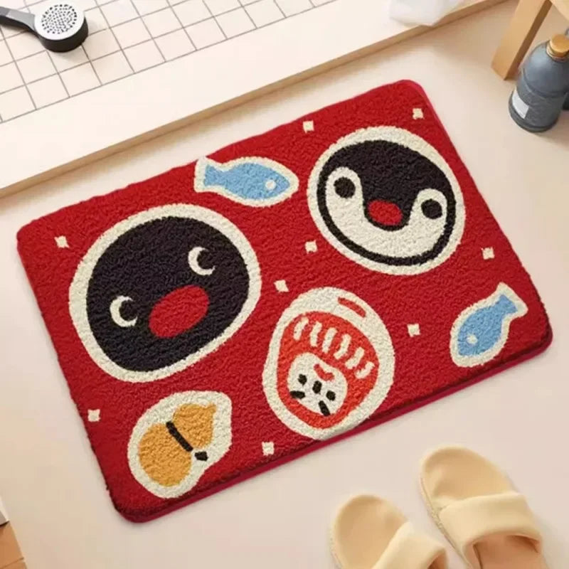 tapis cartoon anti dérapant bleu clair noir blanc rouge jaune penguins poissons visage résistant