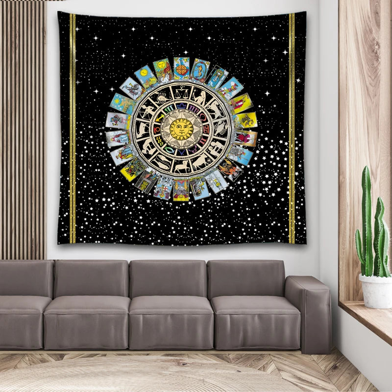 tapisserie zodiaque tarot astrologique noir doré classique chambre décoration muristique bohème