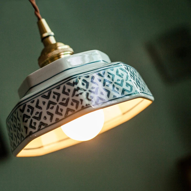 lampe suspendue moderne rouge bleu céramique motif géométrique vintage fleurs salon chambre restaurant