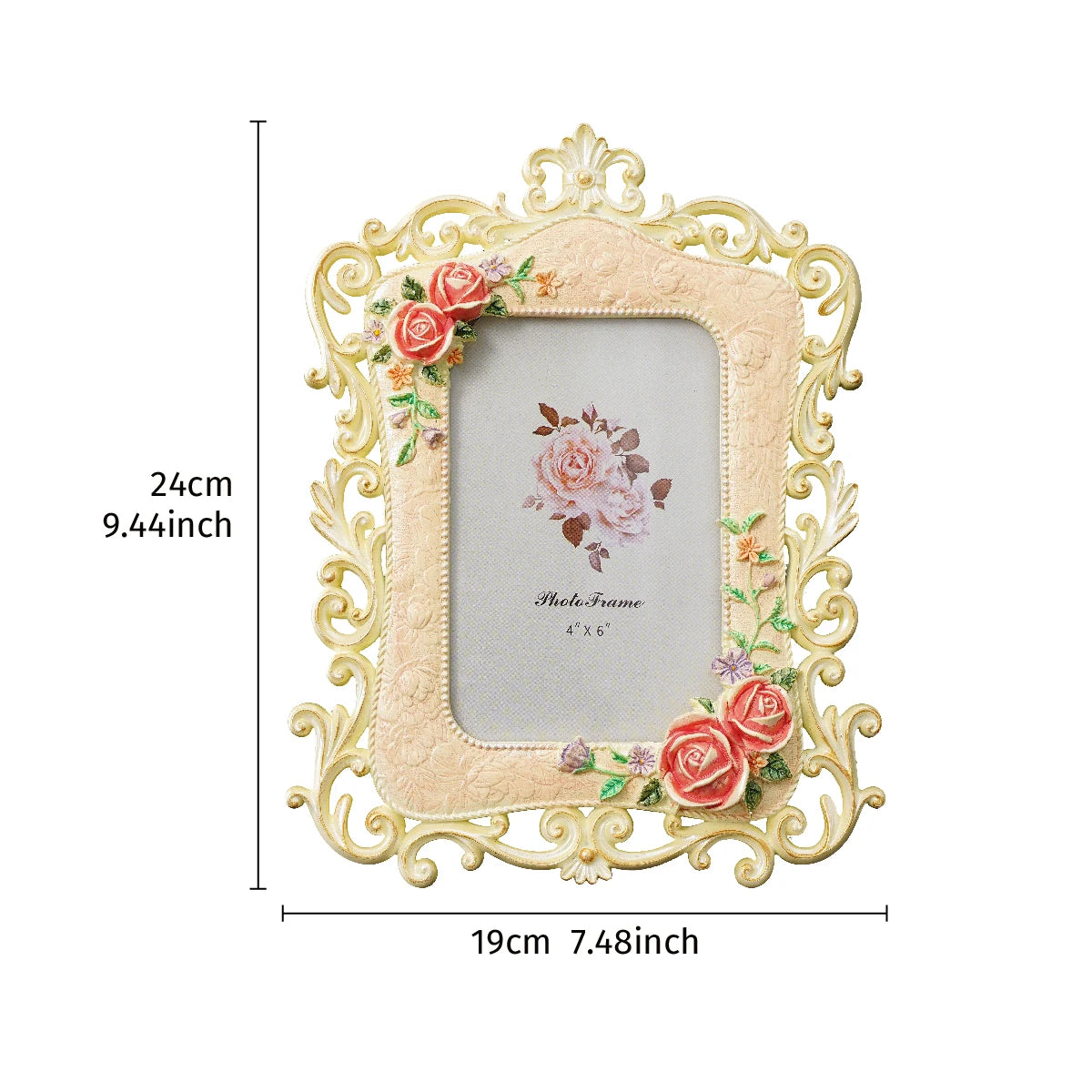 cadre photo résine ornements floraux roses relief blanc doré moderne baroque