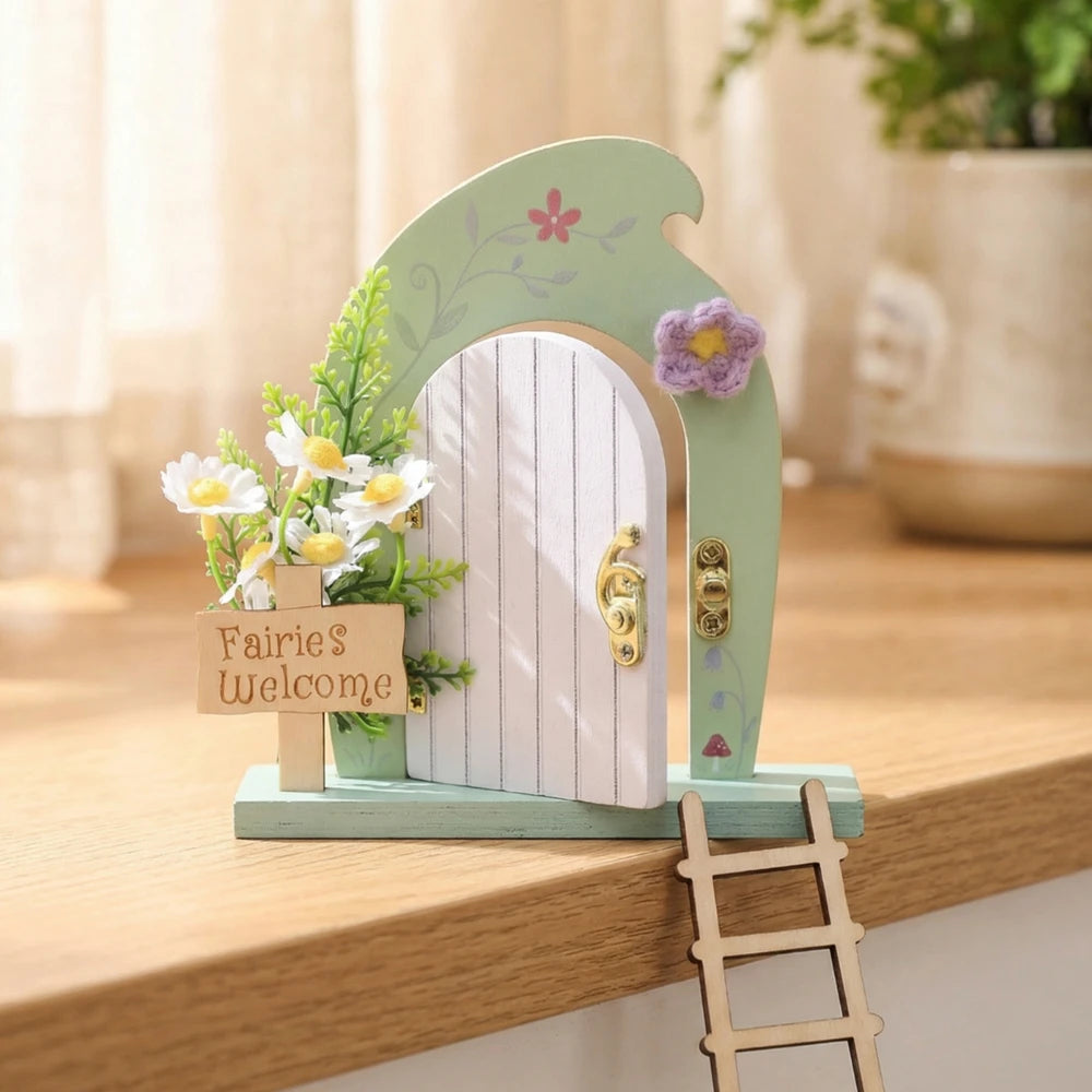 porte fée miniature escalier fleurs crochet plaque bienvenue fées décor bois fleuri vintage chambre