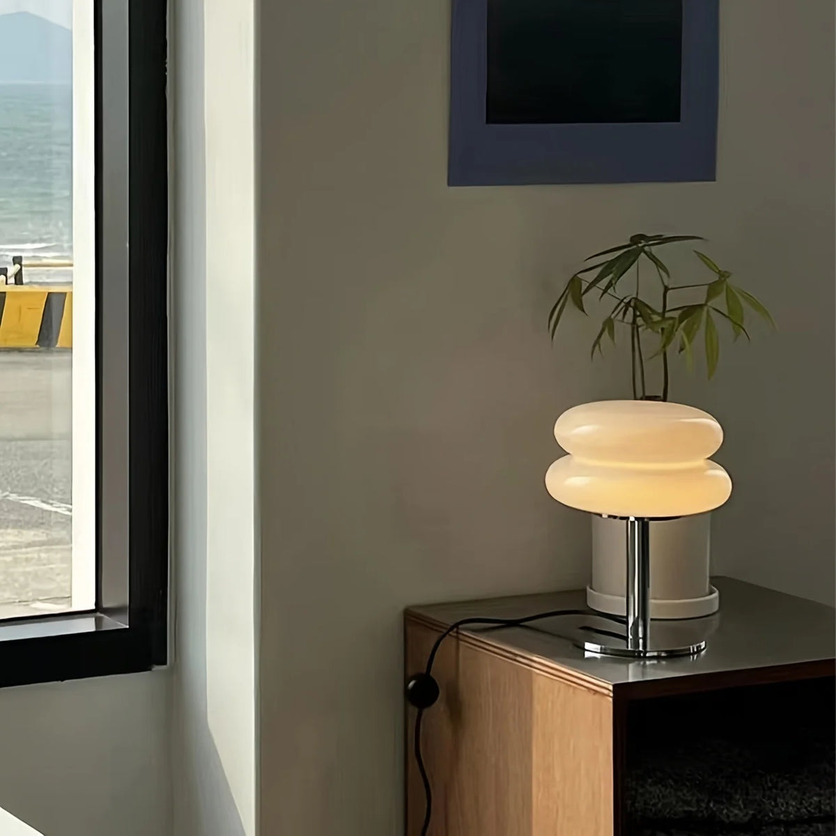 lampe table led deux globes superposés base chromée rétro couleur orange rose jaune