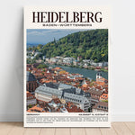Cette image présente une vue panoramique de la ville historique de Heidelberg, située dans la région de Bade-Wurtemberg en Allemagne. On peut y voir les maisons colorées aux toits de tuiles, les églises et les châteaux perchés sur les collines qui surplombent la rivière Neckar.
