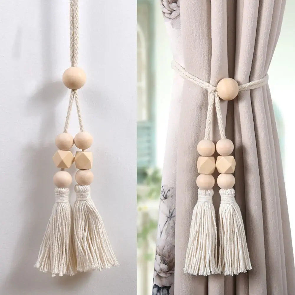 rubans rideau boho chic pompons bois beige clair inclusion accessoires fenêtre modernehôtel