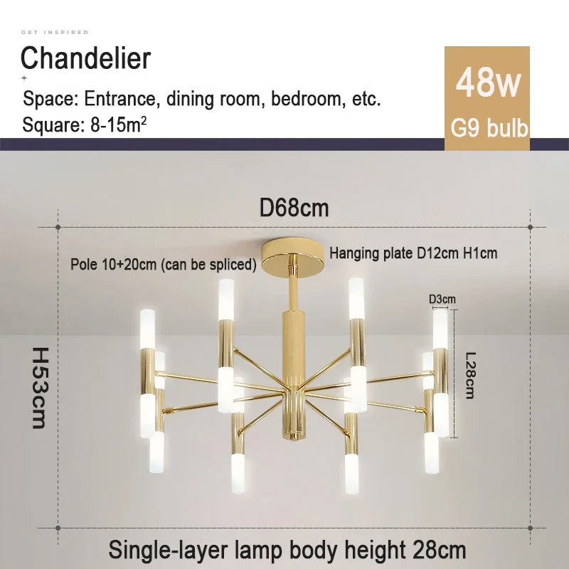 Suspension lumineuse moderne or structure géométrique tubes lumineux fixation crochet éclairage led chambre salon