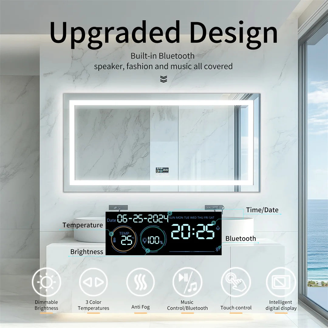 miroir lumineux moderne marbre blanc noir antibuée led bluetooth défog couleurs