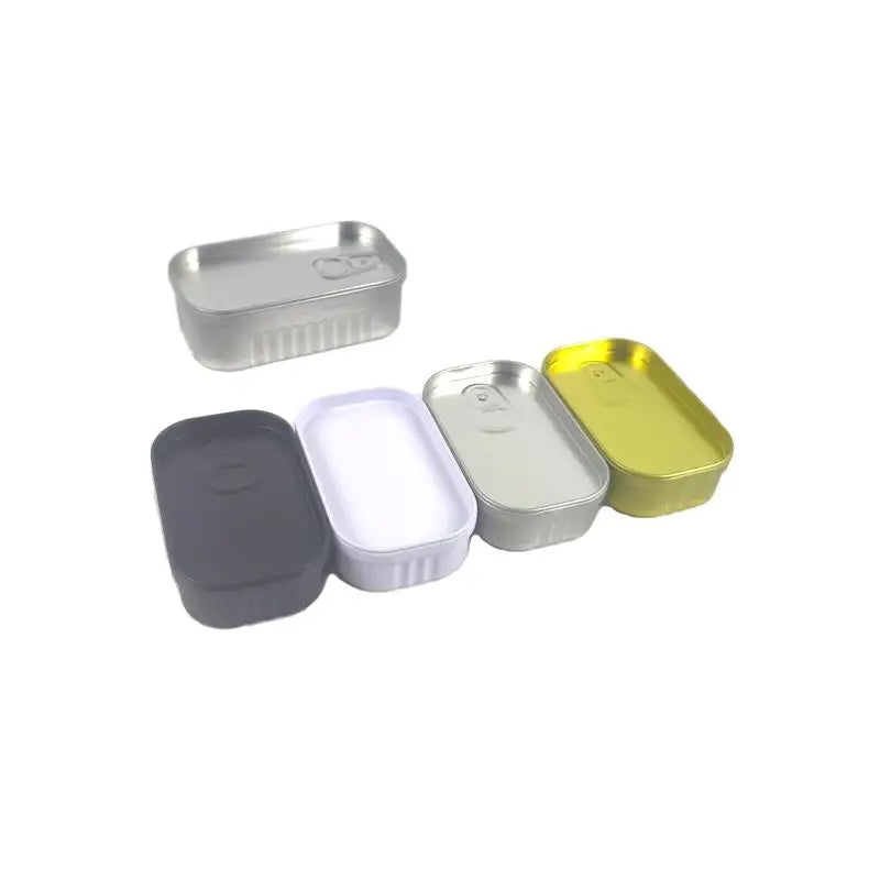 boîtes sardines modernes couvercle argent noir blanc jaunes rectangulaires lisses opaques rangement voyage