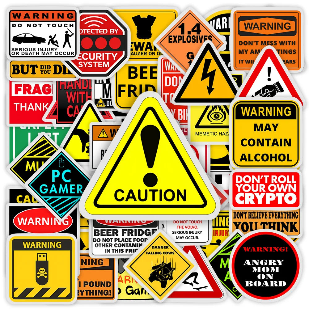 autocollants humoristiques variés adhésifs sécurité danger messages graphiques couleurs multiples étanches portables