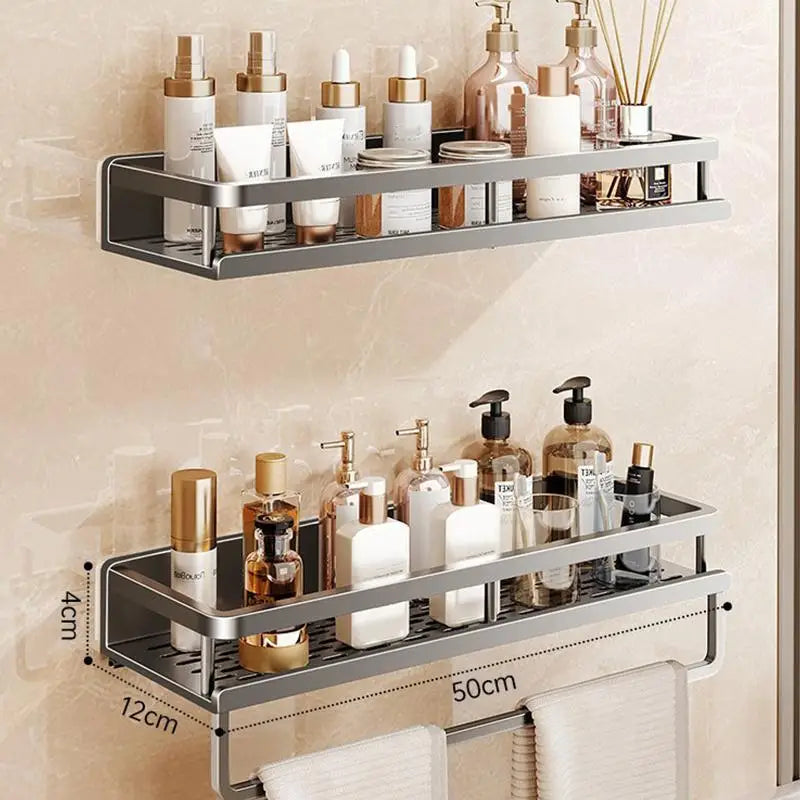 étagère salle bain acier aluminium moderne argentée rectangulaire lisse clips serviettes cosmétiques minimaliste