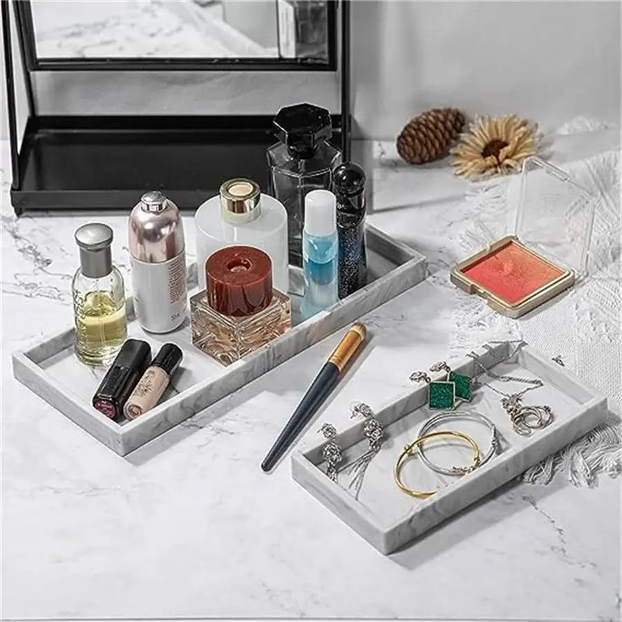 plateau rangement marbre moderne noir gris blanc opacité organisation salle bain toilette accessoire