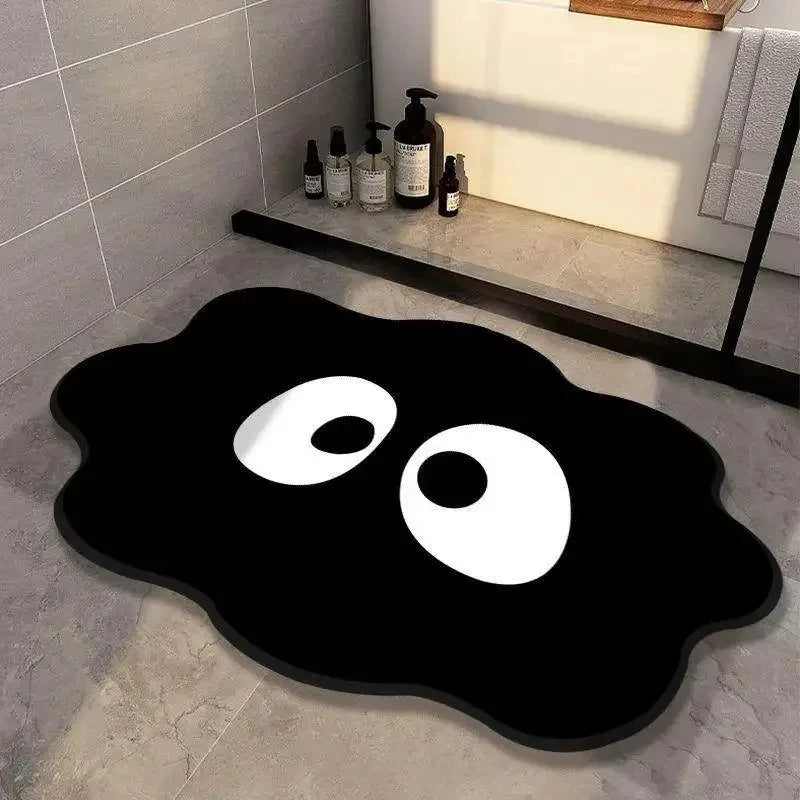 tapis bain salle douche noir blanc motif yeux dessin animé antidérapant absorbant moderne