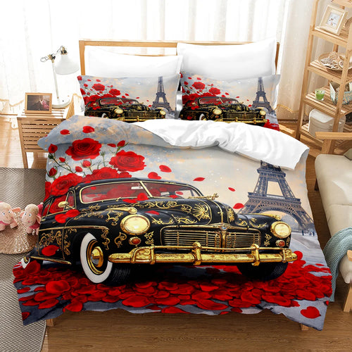 parure lit complète housse couette taies oreillers tour eiffel rose fleurs vintage