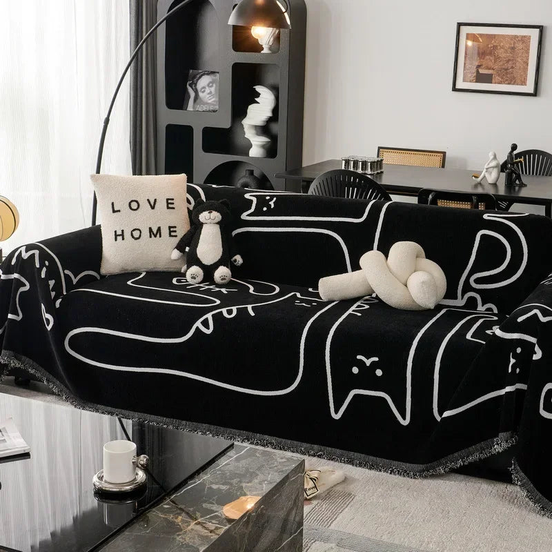 couverture canapé moderne motif chats blanc noir oreiller peluche décorative