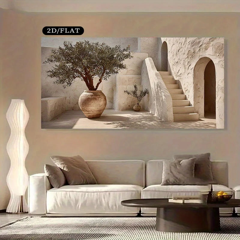 toile d'art moderne minimaliste paysage architectural arbre escalier plante verte beige sans cadre chambre