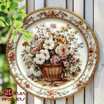 assiette décorative aluminium blanc doré marron rose beige vert fleurs panier bordure dorée classique