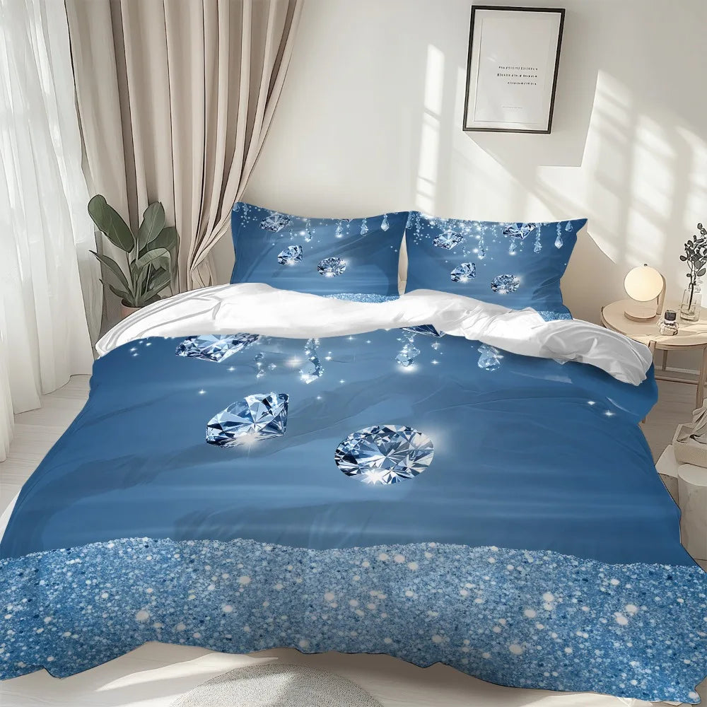 Chambre décorée avec parure de lit bleu foncé et accessoires neutres