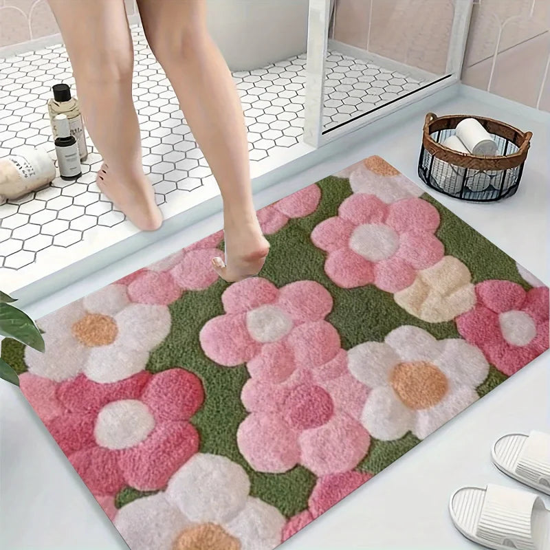 tapis fleurs relief moderne vert rose blanc salle bain entrée non glissant machine lavable