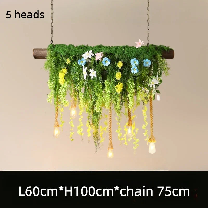 Suspension lumineuse rustique feuilles fleurs vert blanc led pendentif naturel chambre salon