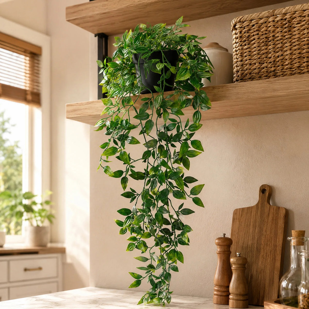 décoration intérieure plante artificielle vert feuilles régulières moderne pot suspendu