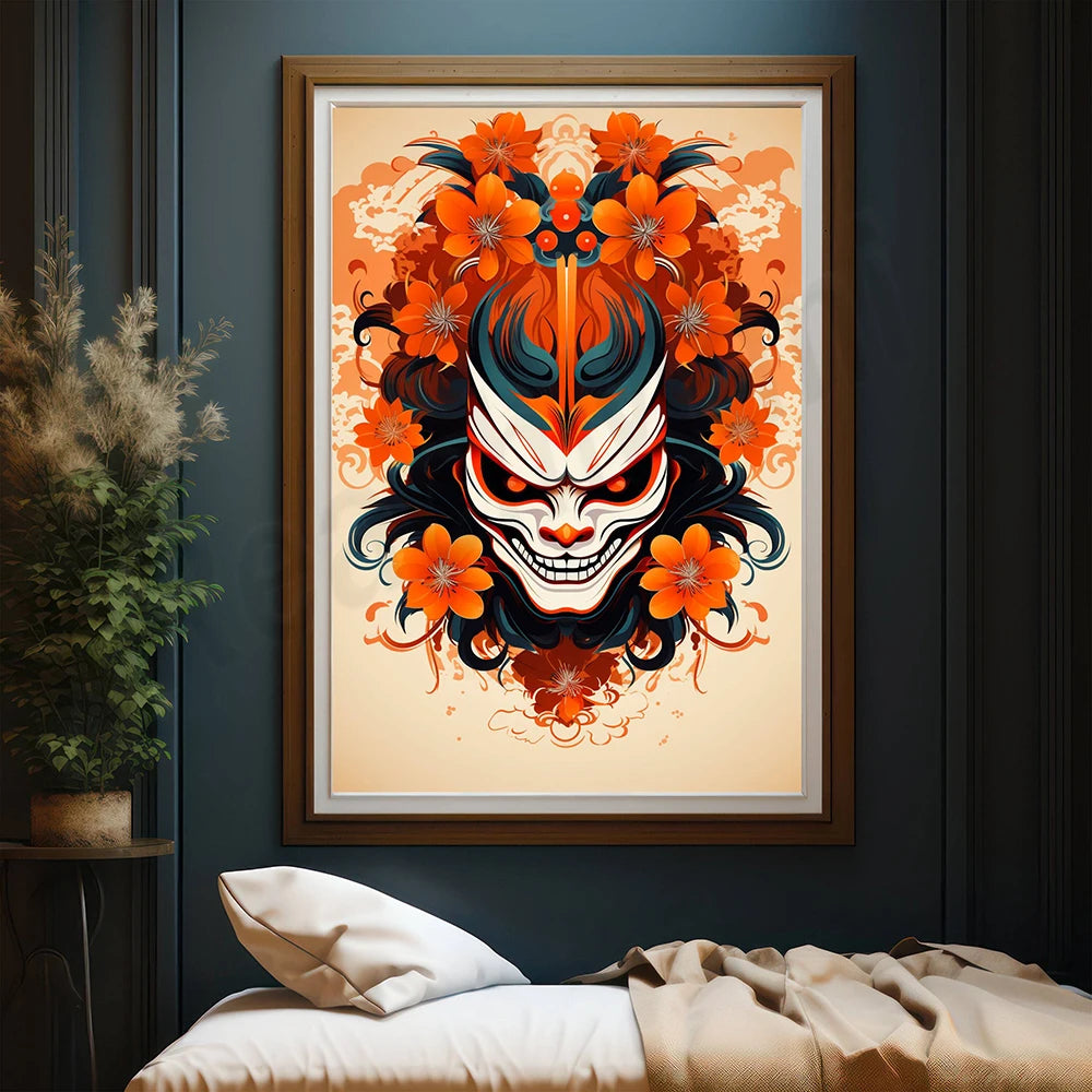 Une image encadrée représentant un motif floral coloré et une figure de démon au visage expressif, créant une œuvre d'art visuelle captivante.