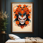 Une image encadrée représentant un motif floral coloré et une figure de démon au visage expressif, créant une œuvre d'art visuelle captivante.