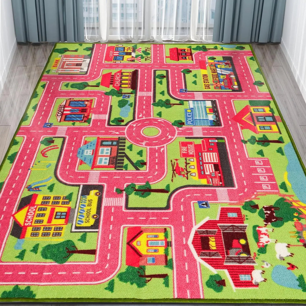 tapis urbain enfant voitures routes arbres polyester polypropylène moderne vert jaune rouge noir 160cm