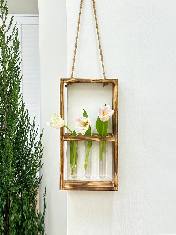 cadre mural suspendu bois naturel blanc tubes verre fleurs artificielles rustique minimaliste cordelette chanvre