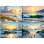 peinture l'huile paysage marin toile moderne coucher soleil vagues herbe sable pinceaux palette débutants