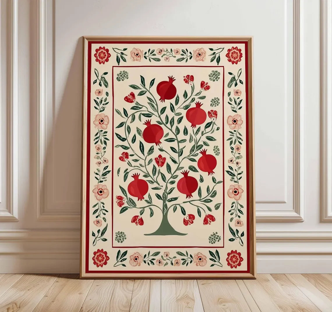 tapis sol traditionnel motif arbre grenade fleurs rouge beige folklorique décoration maison