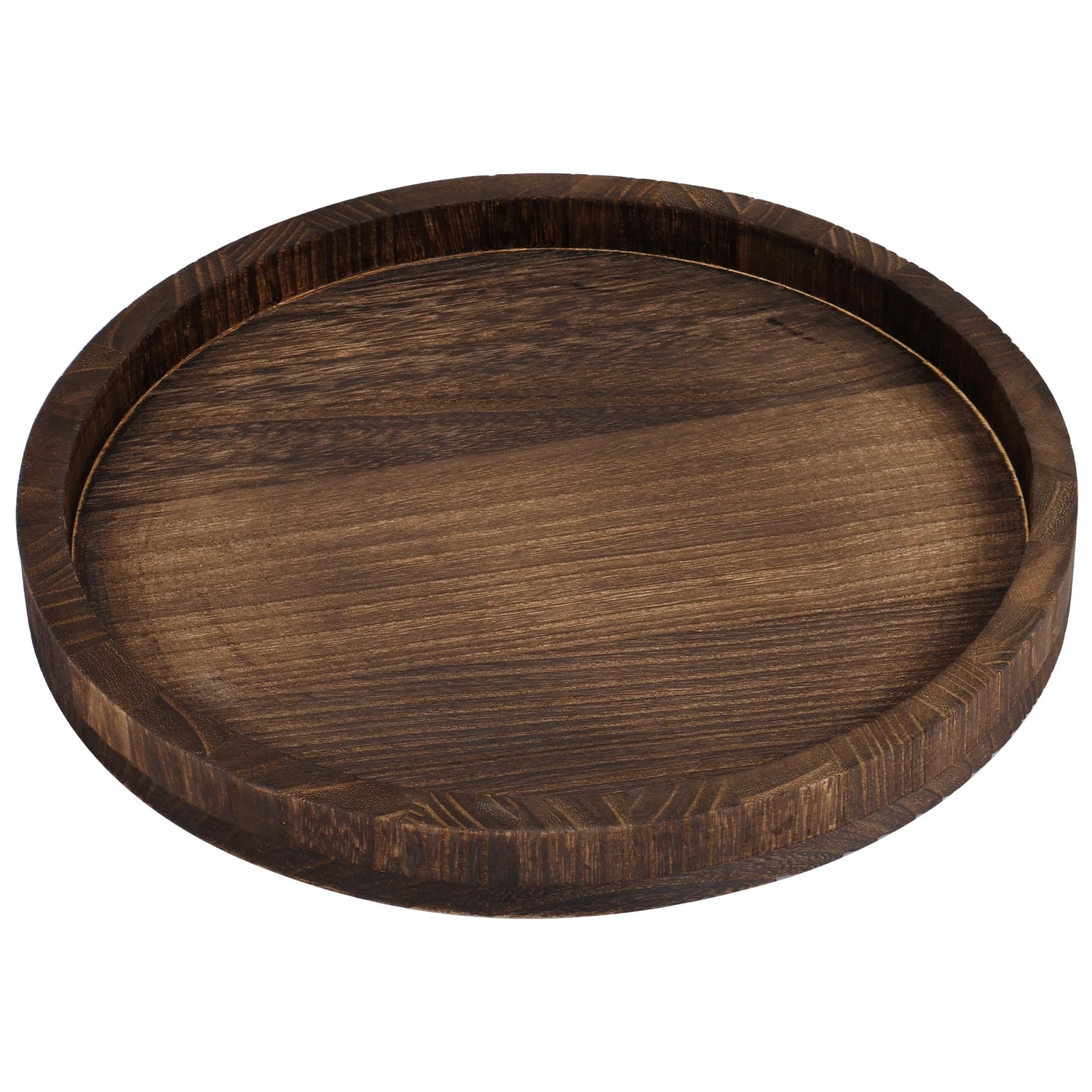 Plateau rond en bois 30 cm design vintage sur table en bois