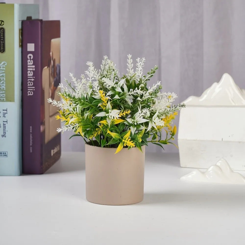 plante artificielle moderne feuilles vertes fleurs blanches pot plastique minimalisteintérieurextérieuraccrochable