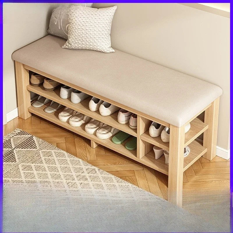 tabouret rangement chaussures bois naturel moderne minimaliste coussin rembourré étagère entrée multifonction adultes seniors