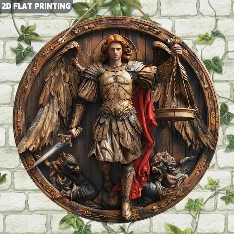 décoration murale bois saint michel épée bouclier demon religieuse relief sculpté or argent