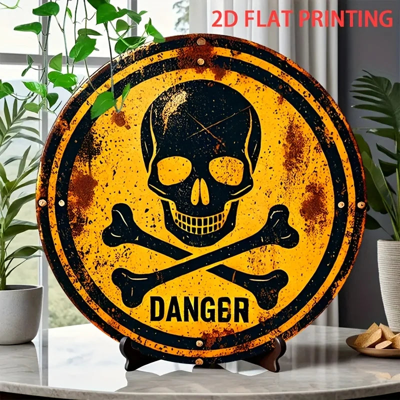 plaque métallique vintage crâne danger jaune noir décoration murale 20cm diamètre rétro métal fixations
