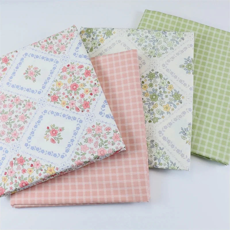 tissu coton imprimé fleurs carreaux blanc rose vert bleu jaune vintage 235cm popeline sergé