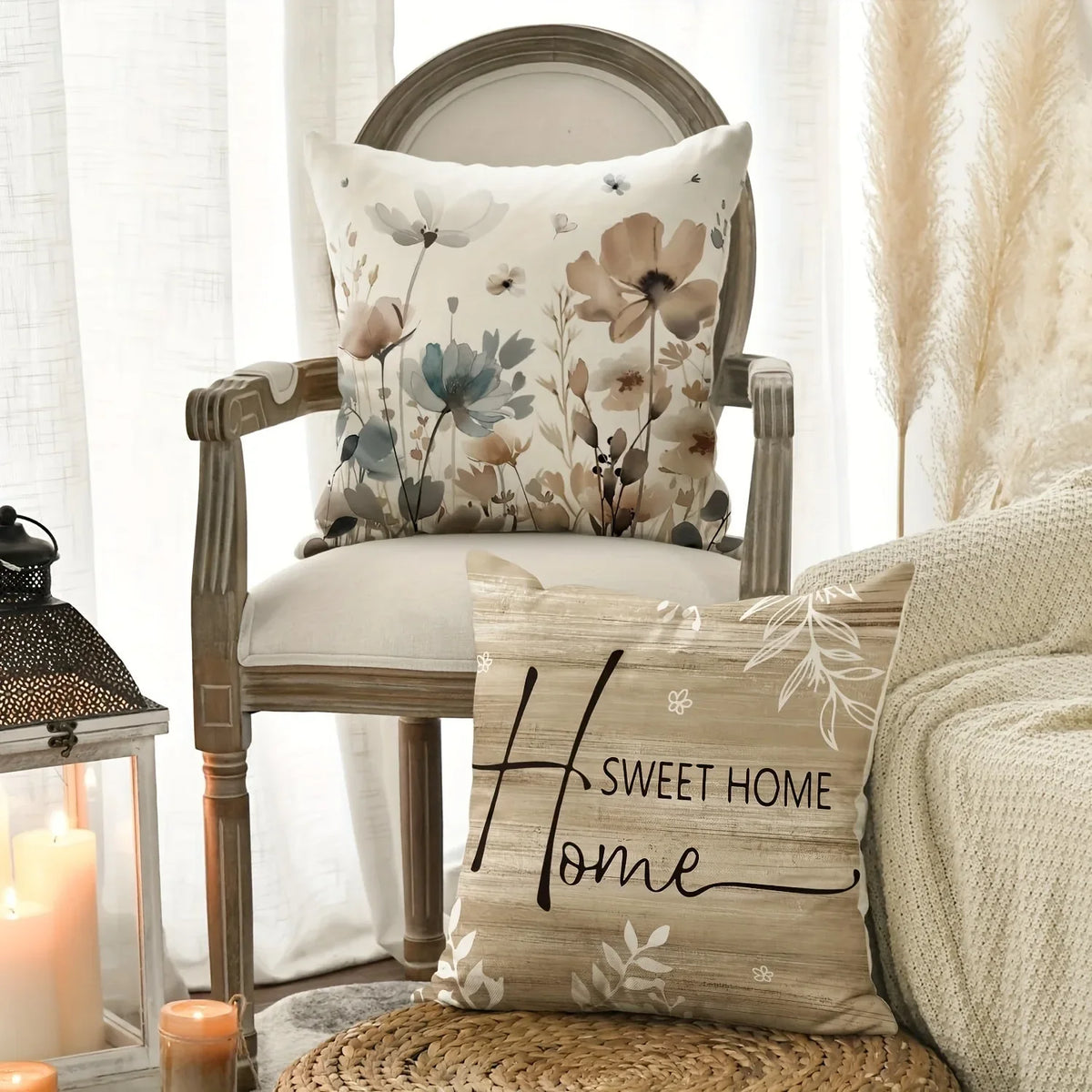taies d'oreiller décoratives motifs floraux rustique beige gris bleu clair lin rustique naturel